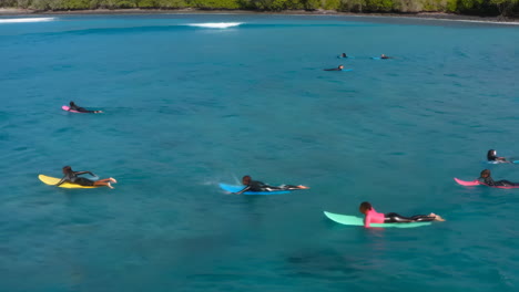 surfers paddling in the clear blue ocean near a tropical beach
