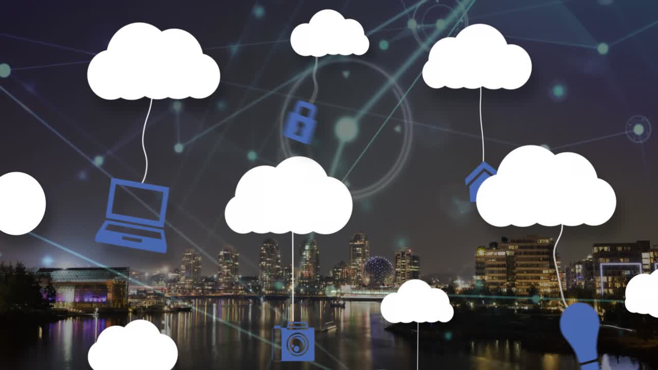 Animation of clouds with icons over network of connections and cityscape
