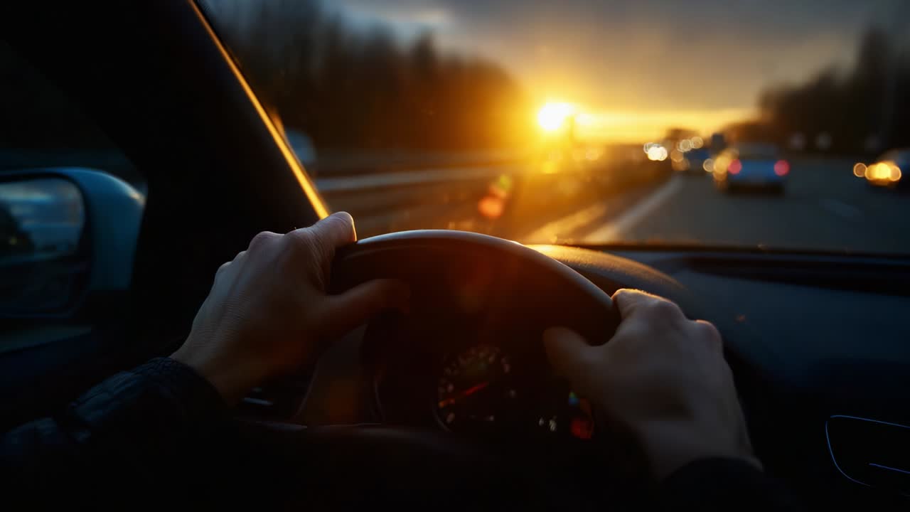 A Serene Drive at Sunset: Capturing the Tranquil Beauty of an Evening Journey on the Highway with Hands on the Steering Wheel and the Golden Sun Setting on the Horizon