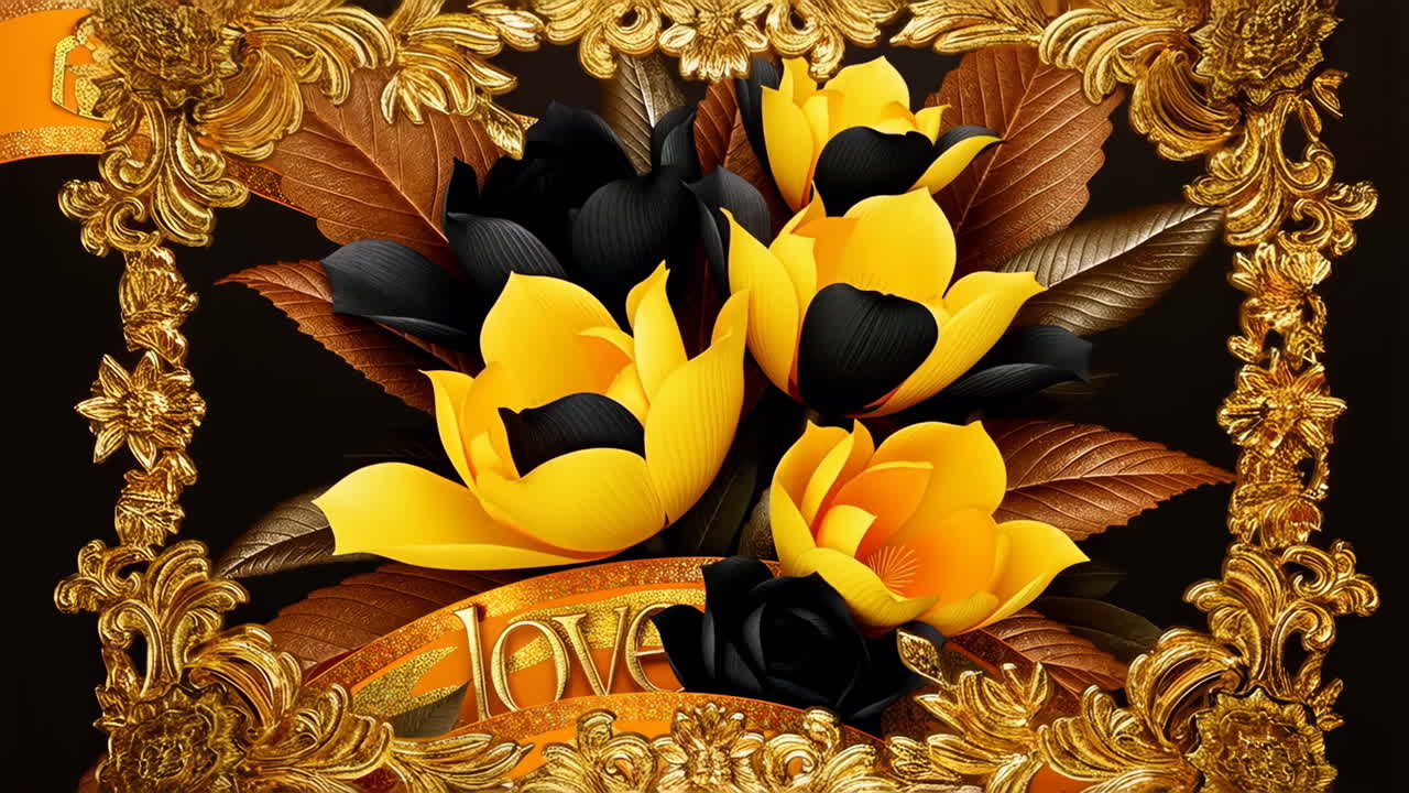 Ornate Gold Frame with Yellow and Black Flowers and 'Love' Inscription