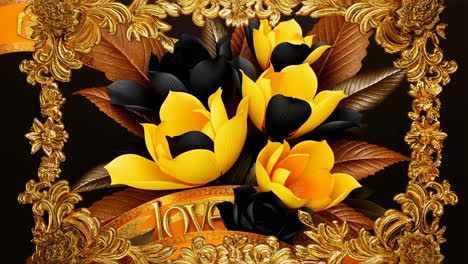 ornate gold frame with yellow and black flowers and 'love' inscription