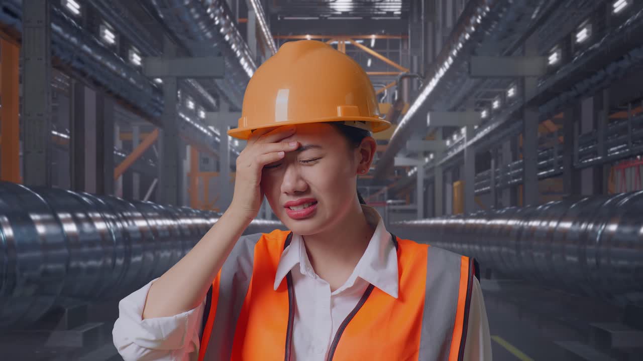 Close Up Of Asian Female Engineer With Safety Helmet Having A Headache While Working With Metal Pipes