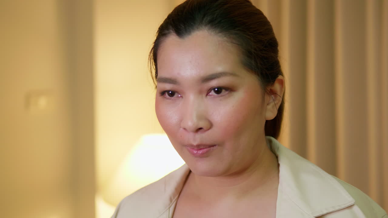 젊은 성인 여성이 평상복을 입고 방에서 말하는 비디오 온라인 커뮤니케이션을 설명하고 인터뷰합니다.