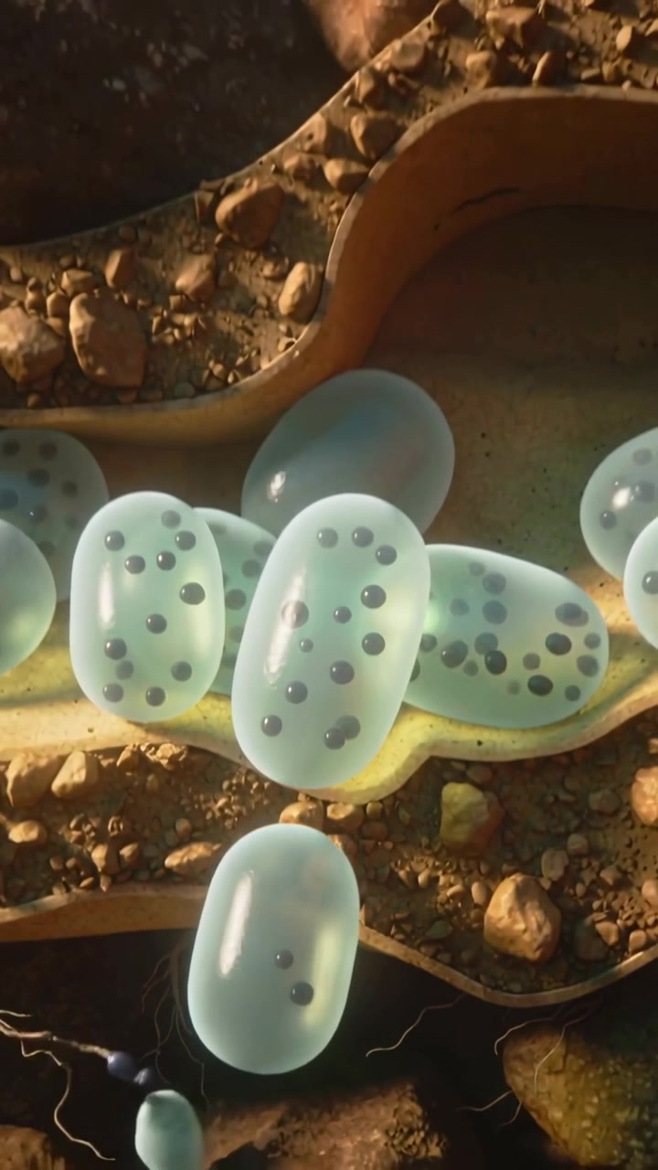 Video verticale: Capsule blu che emergono da una fossa e si depositano in un solco con macchie scure, una delle quali trascina un filo.