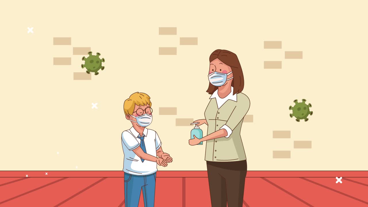 교사와 학생 소년은 의료 마스크를 착용 한 캐릭터