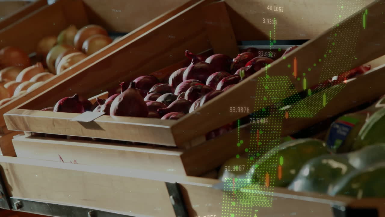 상점에서 채소 상자를 통해 금융 데이터 처리의 애니메이션