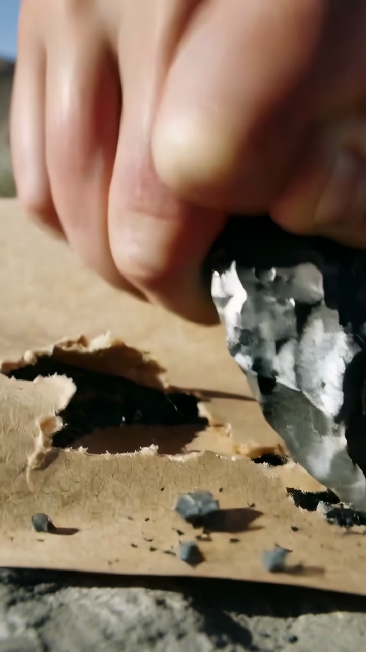 Hand Using a Primitive Stone Tool to Cut Brown Paper