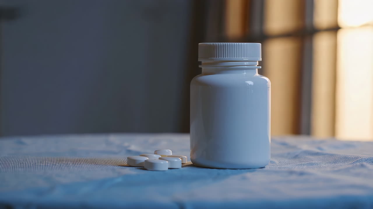 frasco de medicina blanco y pastillas en la mesa