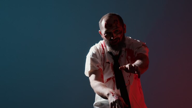 Uno zombie famelico con un aspetto bizzarro che divora cervelli e ringhia sotto una luce rossa lampeggiante
