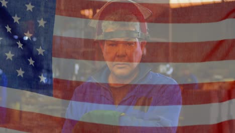 animation of american flag waving over man in the background