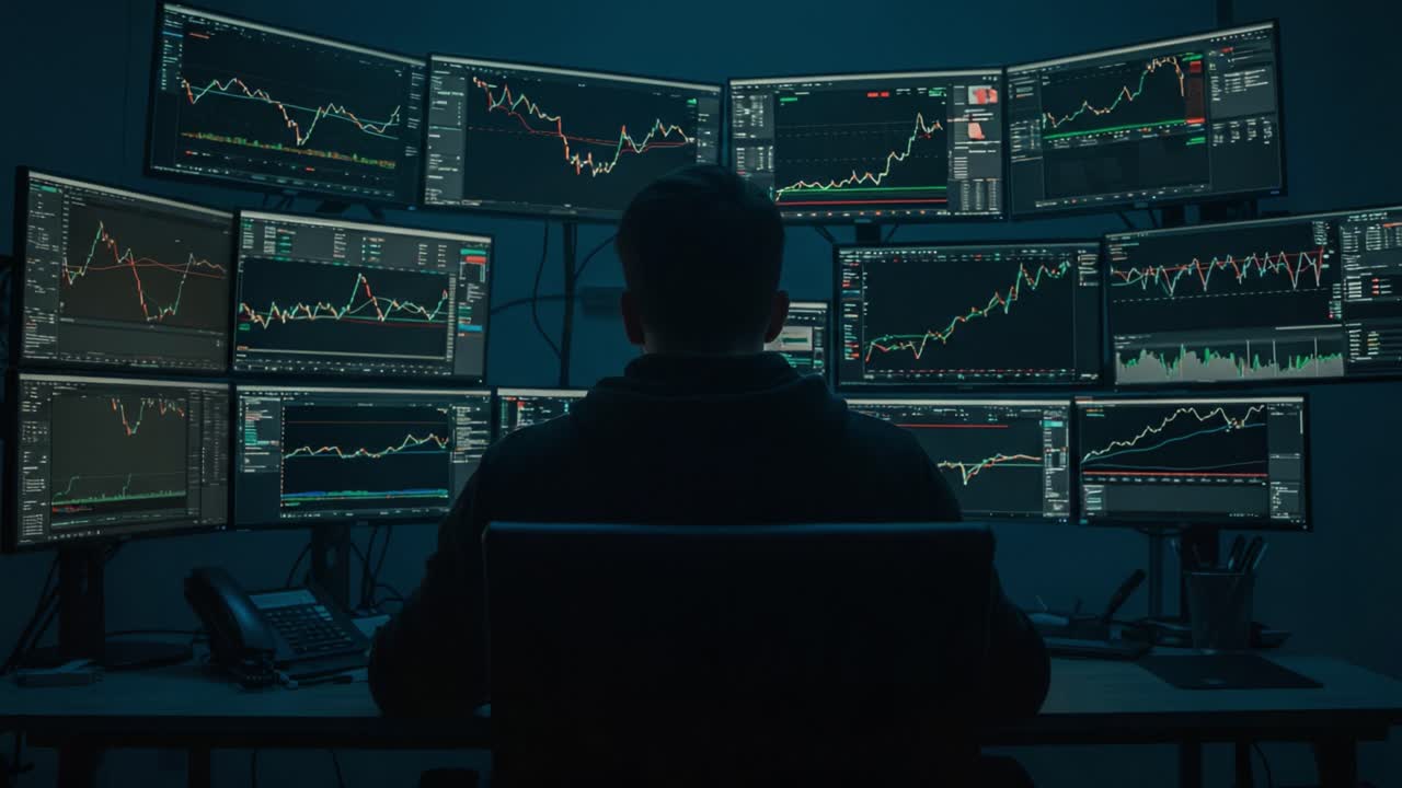 Focused Trader Analyzing Multiple Financial Charts on Multiple Screens for Informed Decision Making in a Stock Market Trading Environment