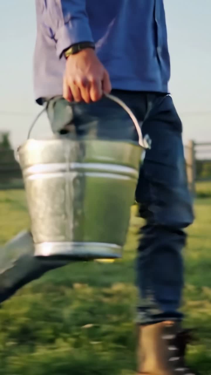 Vertical video: Stepping from shed, man in blue shirt carrying metal bucket of feed across yard