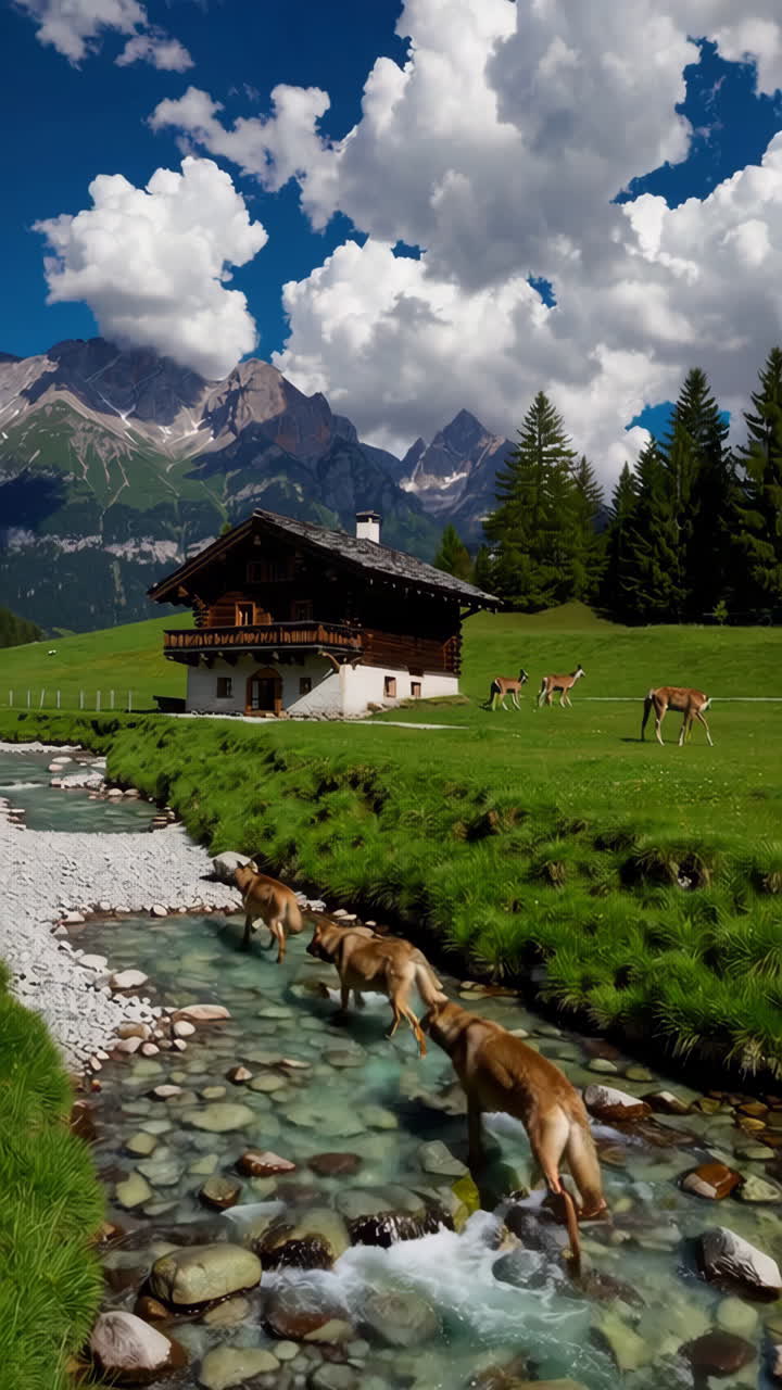 Alpine Cabin by a Stream with Deer and Wolves
