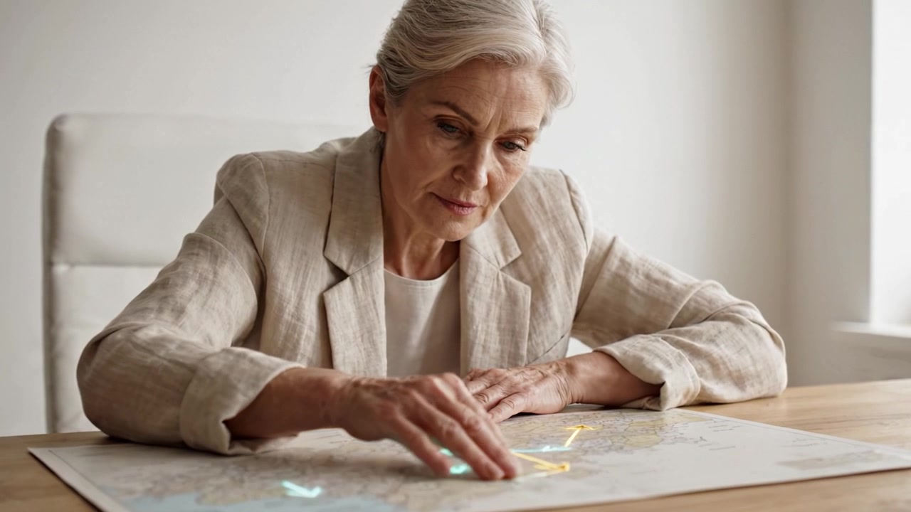 An Elderly Woman Analyzing a Map while Strategizing Travel Routes with Careful Attention and Thoughtful Planning in a Bright Room