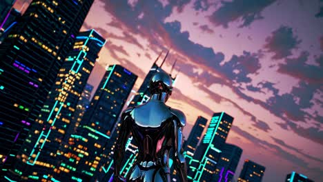 robot in a futuristic cityscape at sunset