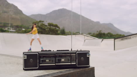 a fun free young woman skating in roller skates