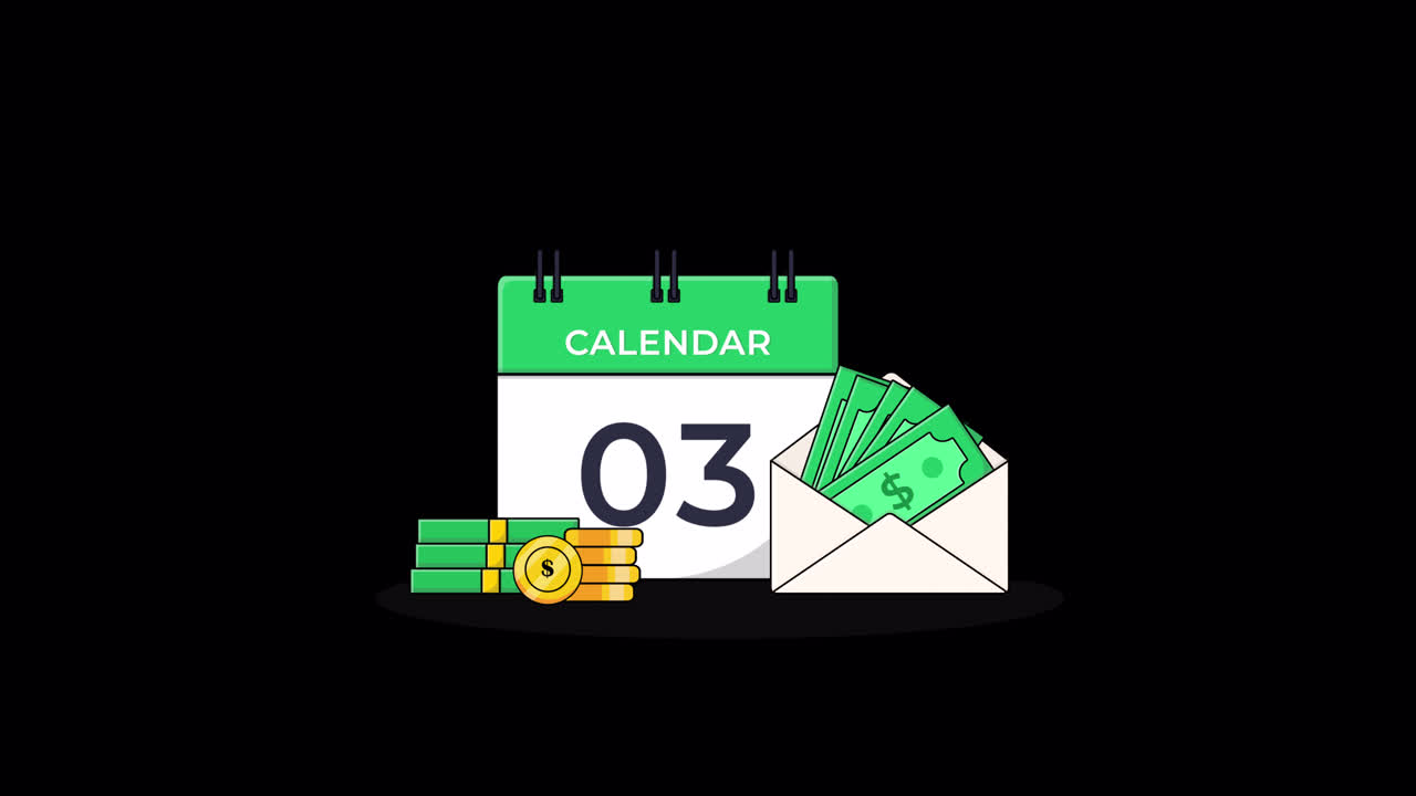 Animeret kalender med penge og kuvert til økonomisk planlægning