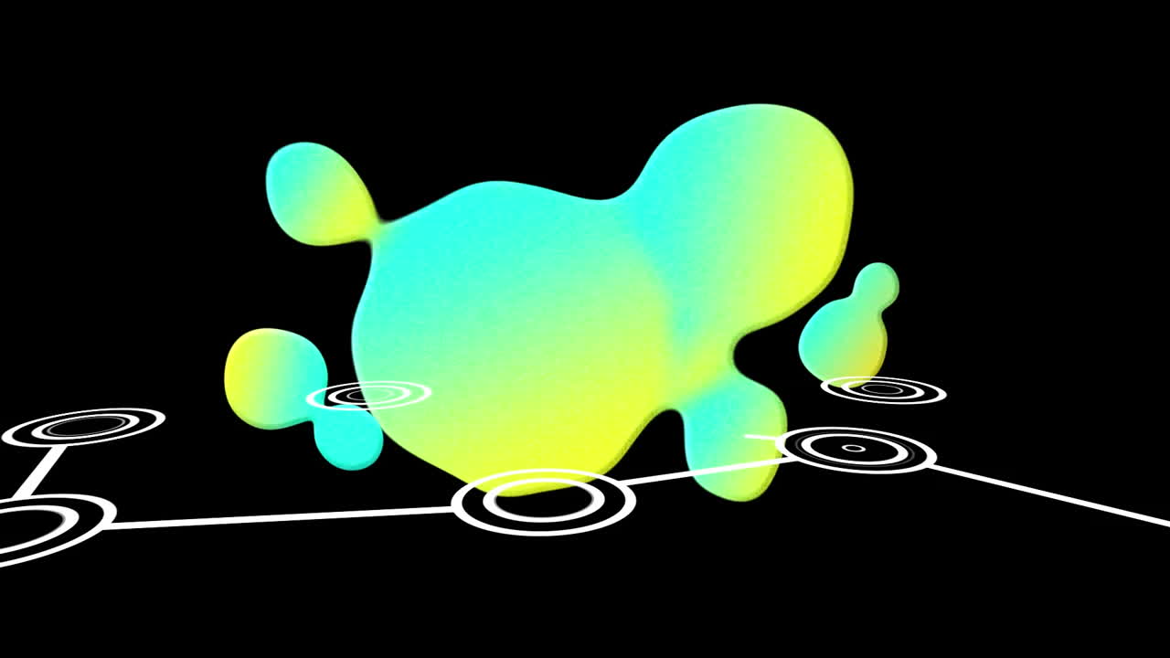 Animation of blue and yellow blobs over moving network of connections, on black background