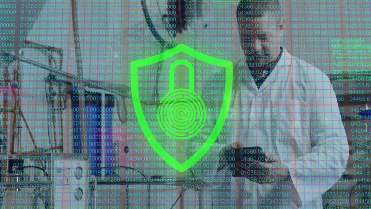 Animation of padlock and data processing over caucasian male scientist using tablet