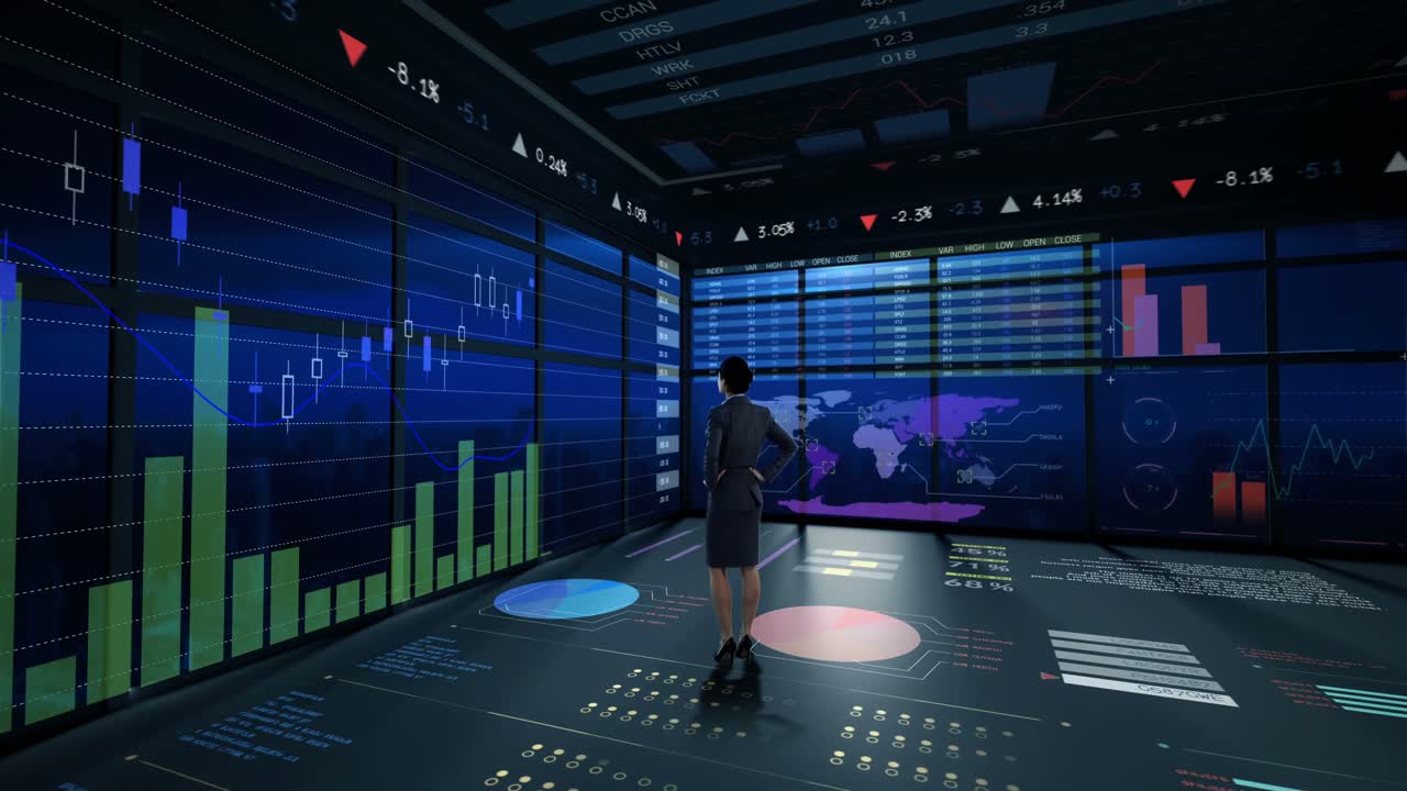 Rearview of businesswoman looking at digital animation of glowing graph interface