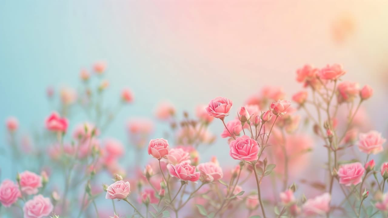파스텔톤 하늘을 배경으로 한 핑크 장미의 부드러운 초점 동영상 프레임, 로우 앵글로 촬영