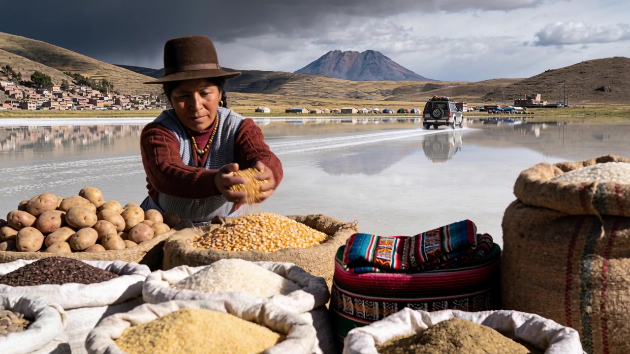 Sorting vendor wearing brown hat, arranging potatoes and grains for sale as SUV crosses salt flat
