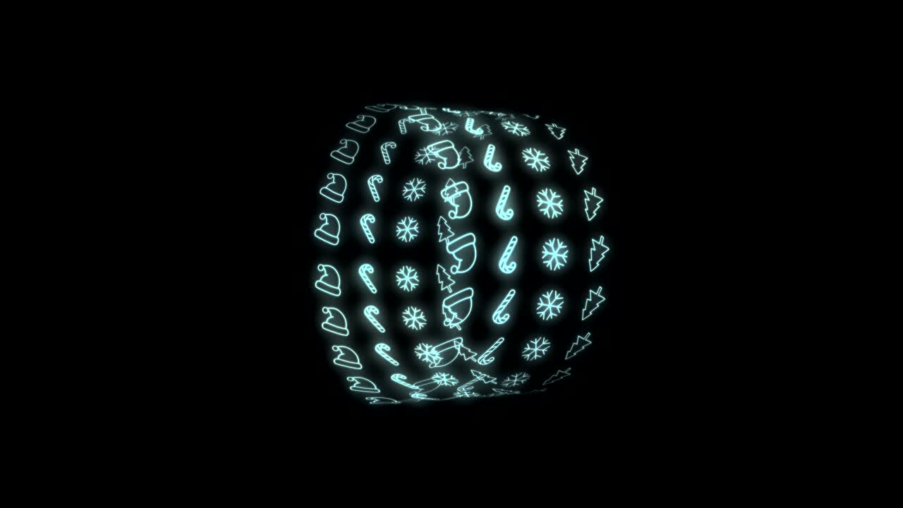 fondo de patrón de navidad de neón de árbol de navidad, copo de nieve, sombrero de santa y bastón de caramelo en animación de bucle cian y negro