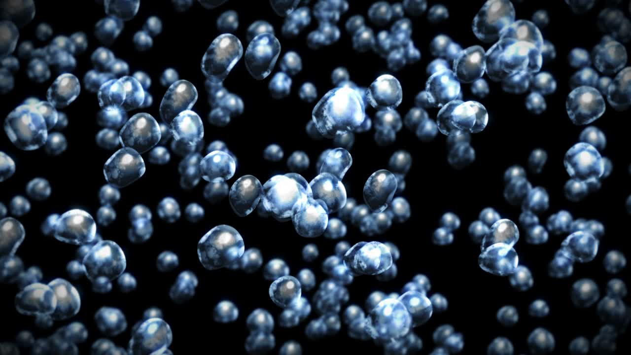 검은 바탕에 많은 물방울이 날아가고, 순수한 물방울, 투명한 표면, 공기 거품이 회전하는 3d 애니메이션, 루프 애니메이션.