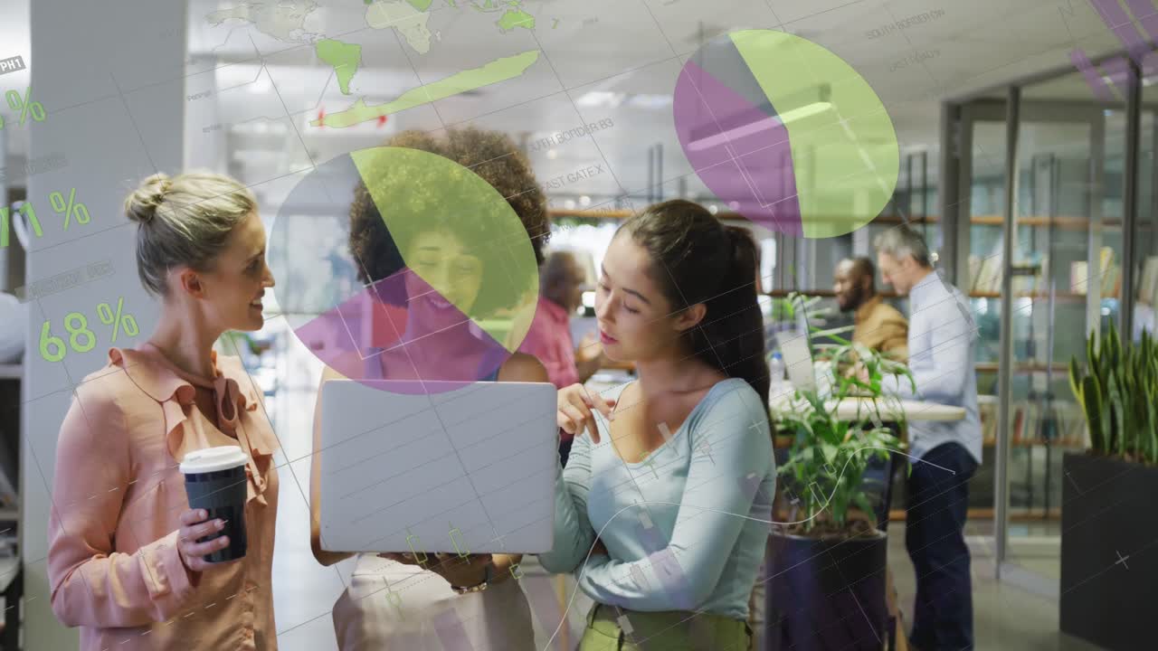 Animation of statistical data processing over three diverse women discussing over laptop at office