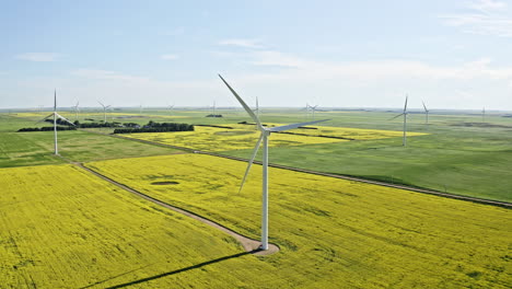 wind turbines generating renewable energy on the lush farmland in saskatchewan, canada - elevated shot