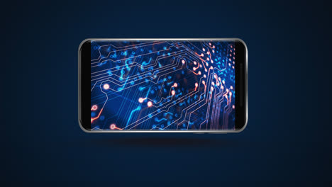 animation of smartphone with data processing on blue background