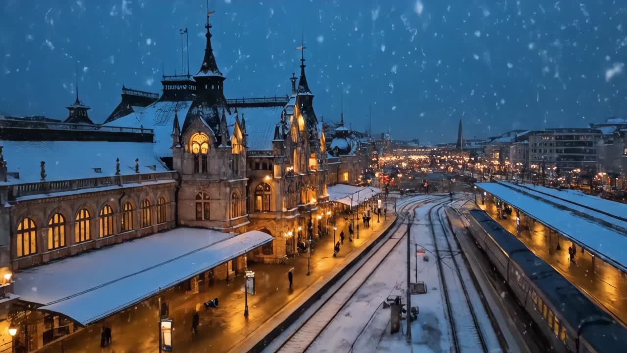 Snowy evening scene at a beautifully illuminated train station, showcasing passengers arriving and departing, with warm lights contrasting against the winter landscape and falling snowflakes