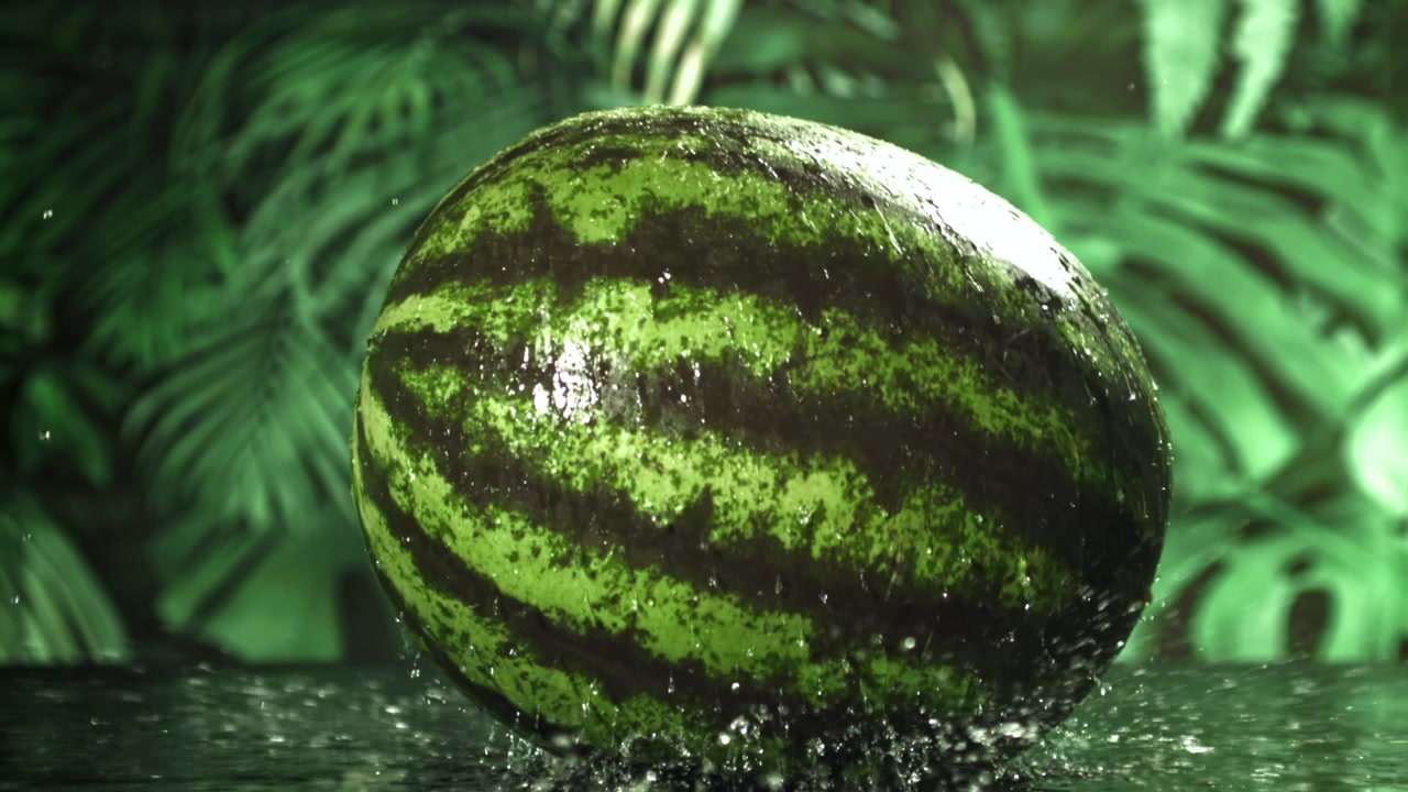 Anguria fresca che schizza nell'acqua su uno sfondo di foglie tropicali verdi