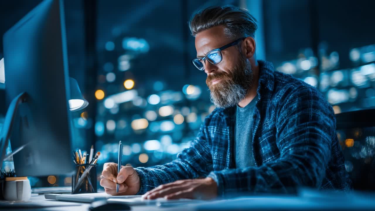A Focused Professional Engaging in Creative Work During Nighttime, Illuminated by Screen Glow with City Lights in the Background