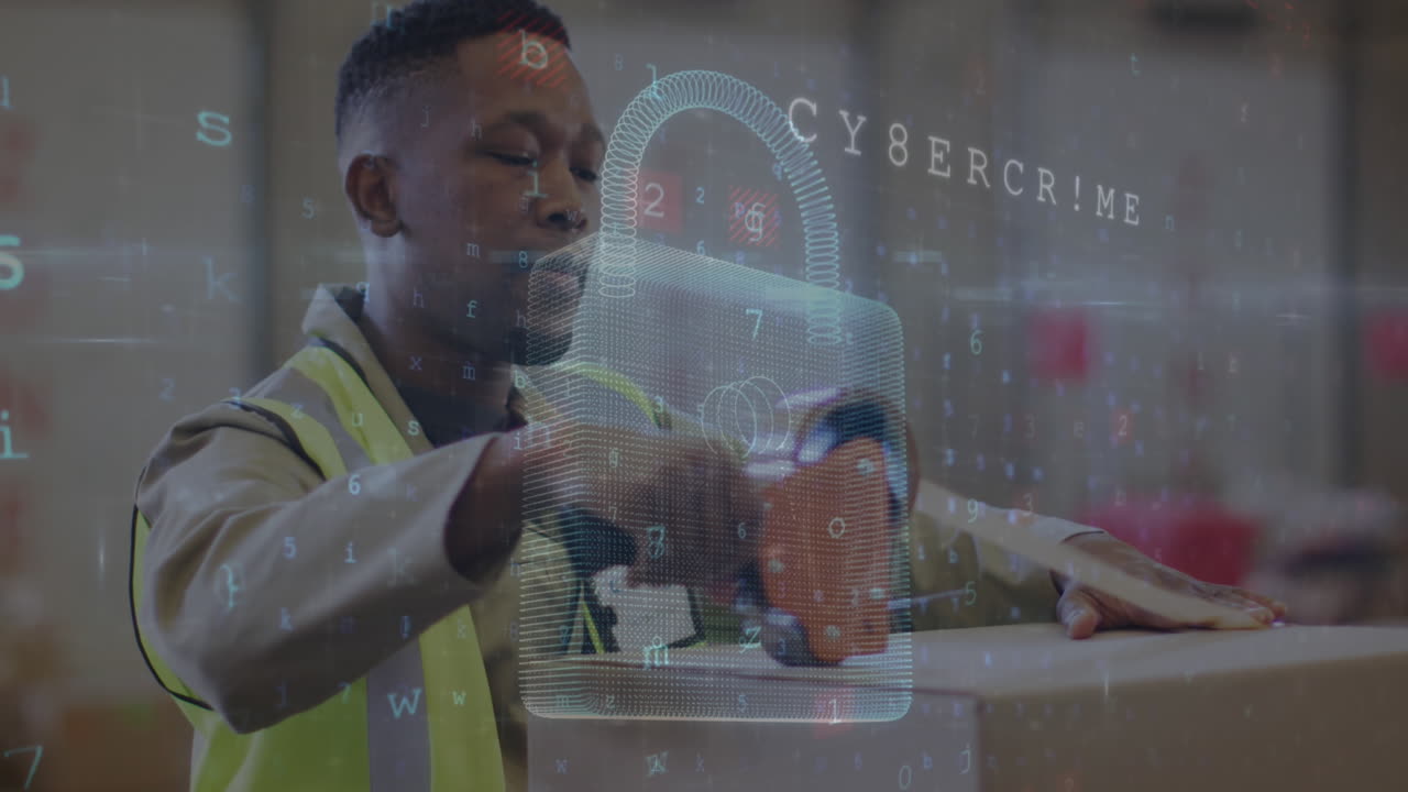 animación de candado y procesamiento de datos sobre hombre biracial que trabaja en el almacén