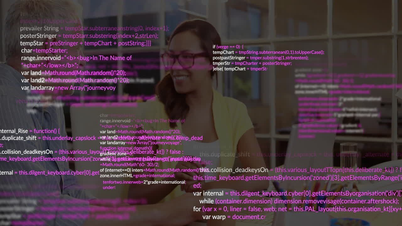 Developer duo collaborating on software at desk with laptop showing floating code snippets