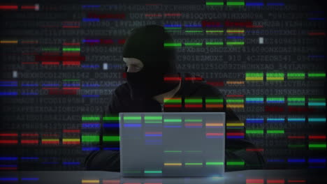 animación del procesamiento de datos sobre un hacker de computadoras caucásico en balaclava usando una computadora portátil