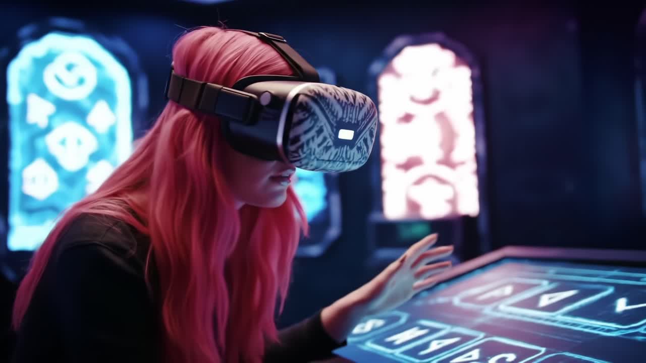 A captivated individual with vibrant pink hair engages with immersive technology while wearing a VR headset, fully immersed in a digitally enhanced environment filled with glowing visuals