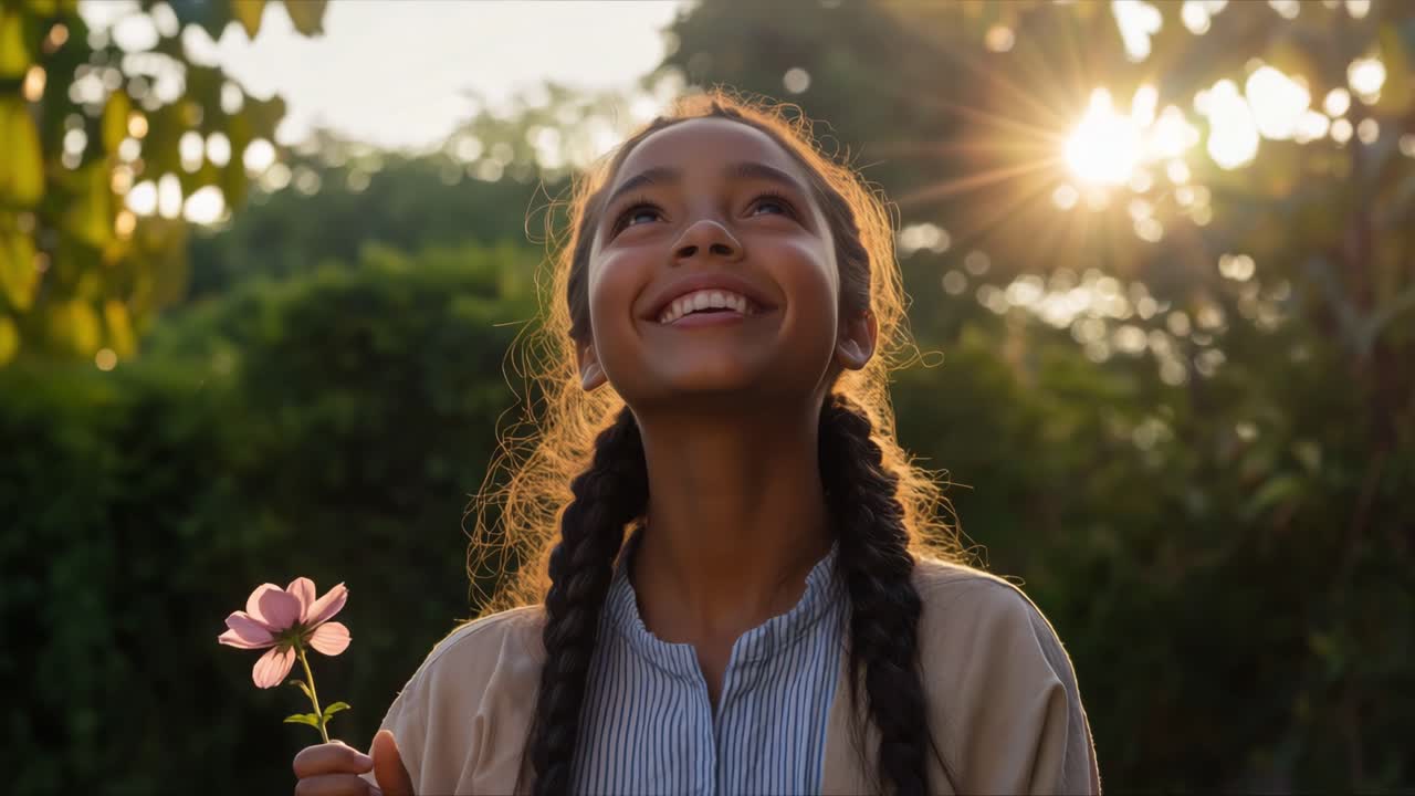 Young girl holding a flower in a sunny garden
