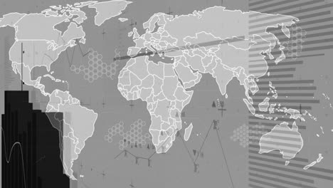 Mapa-Del-Mundo-Con-Gráficos-Y-Cuadros-De-Datos-Animados-Sobre-Fondo-Gris