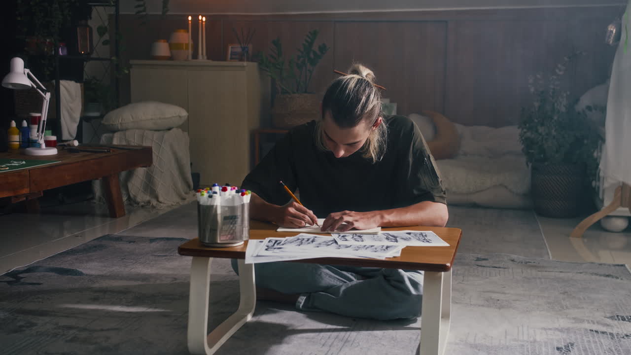 Jovem designer fazendo desenhos em estúdio em casa