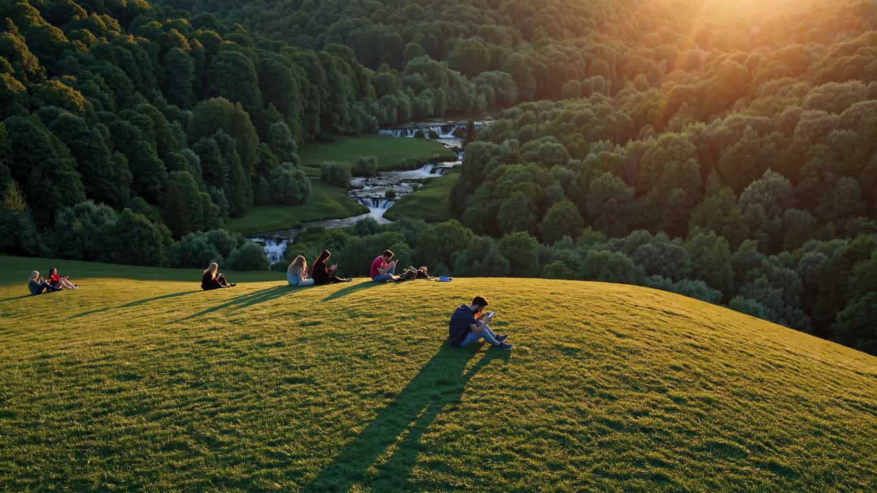 Tourists sitting on a grassy hill using their smartphones, seemingly oblivious to the breathtaking sunset view of the Rastoke waterfalls and lush green landscape in Slunj, Croatia