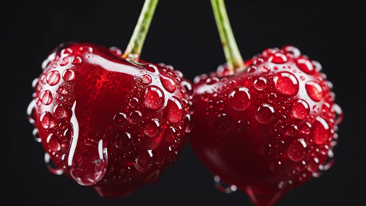 Macro shot of two fresh cherries with water droplets