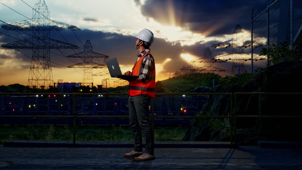 Full Body Side View Of Asian Male Engineer With Safety Helmet Working On A Laptop And Looking Around While Standing Near High Voltage Tower