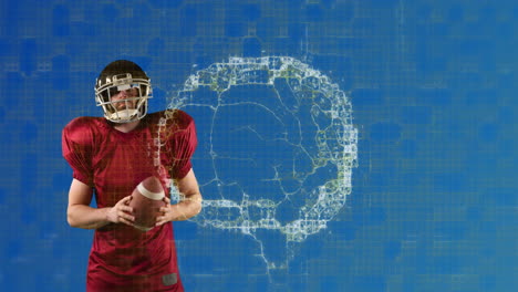 Animation-of-digital-brain-spinning-over-male-american-football-player-holding-ball