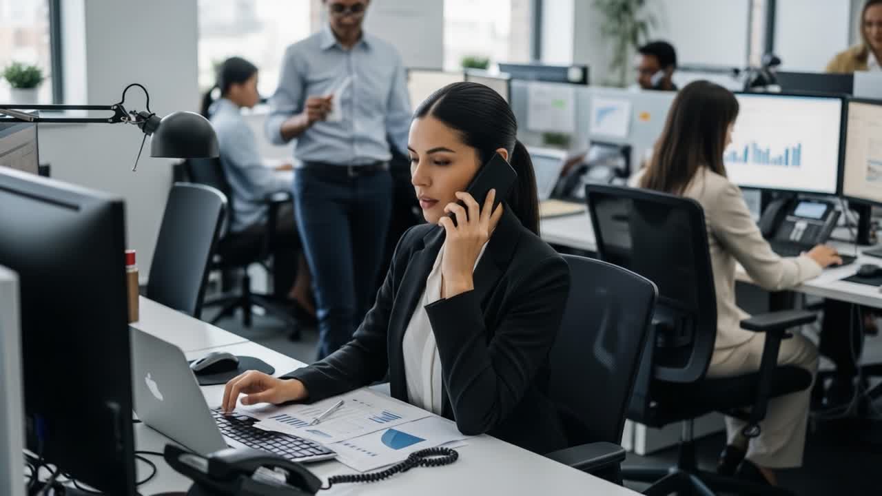 Woman on phone working on laptop in a busy office