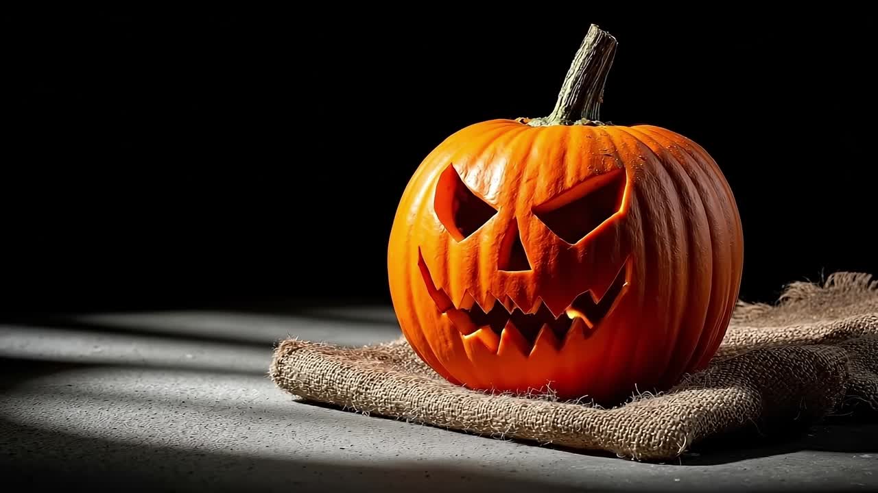 A jack-o-lantern sitting on top of a burlap cloth on a table