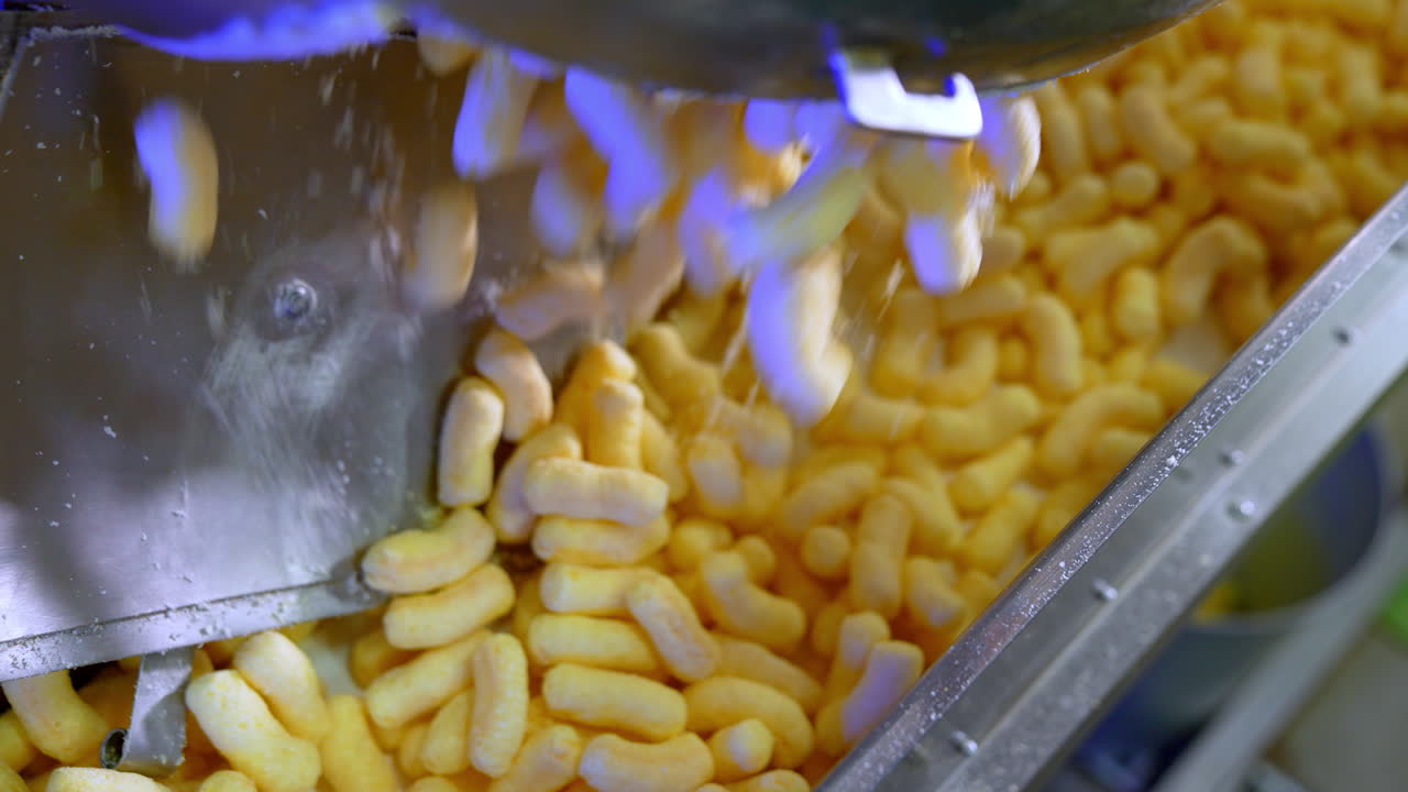 Hand with ladle pushes yellow sweet corn snacks along the conveyor. Close up. Sweet maize sticks production process.