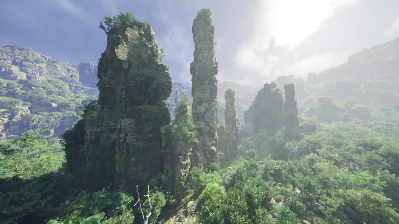 Majestic rock formations surrounded by lush greenery under a bright sky