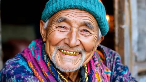 a smiling old man wearing a colorful hat and smiling